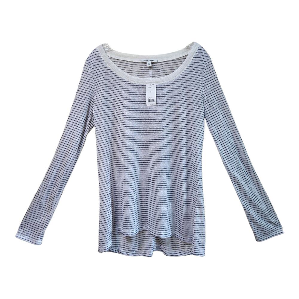 BANANA REPUBLIC Women M Linen Top Striped Blue Ivory Lightweight Semi Sheer 36"